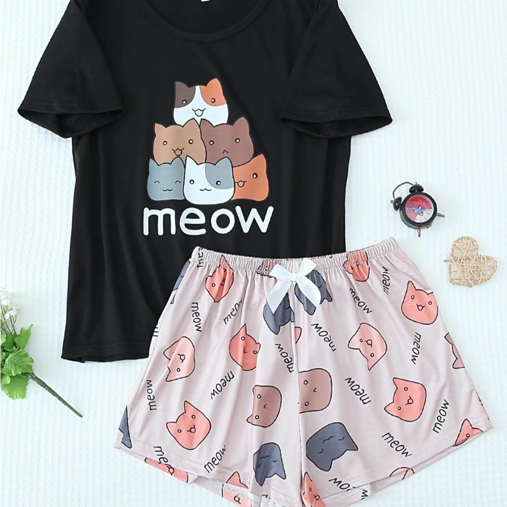 Black and Pink Cat Print Pajama Set